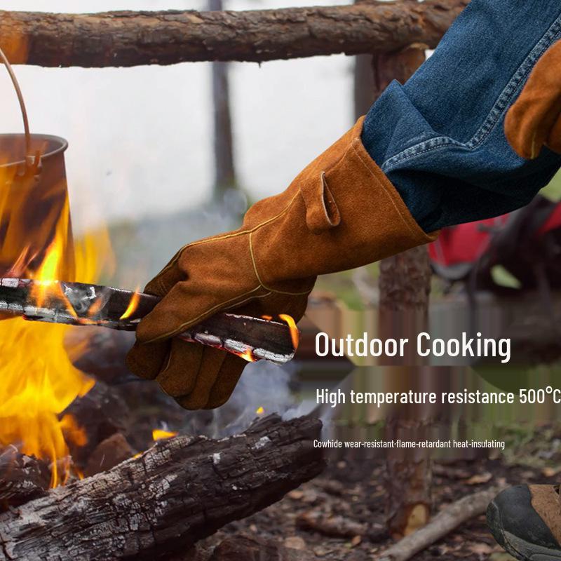 Extra Long Flame Retardant Cowhide BBQ Gloves - Heat Resistant Up To 500°F - Anti-Scald Protection for Baking, Oven, Boiler, and Grilling