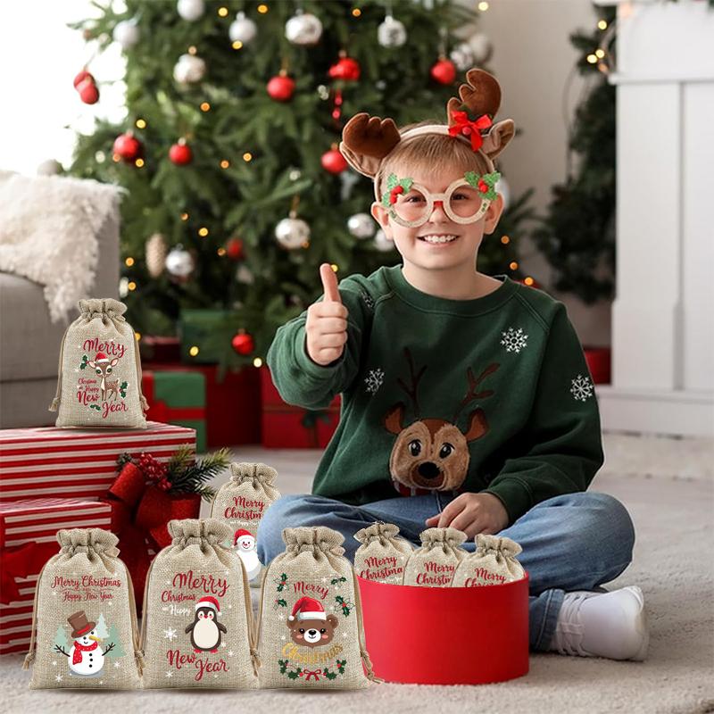 6 Pcs Christmas Small Burlap Bags With Drawstring, Burlap Gift Bags Christmas Treat Sacks Gift Wrapping Bags