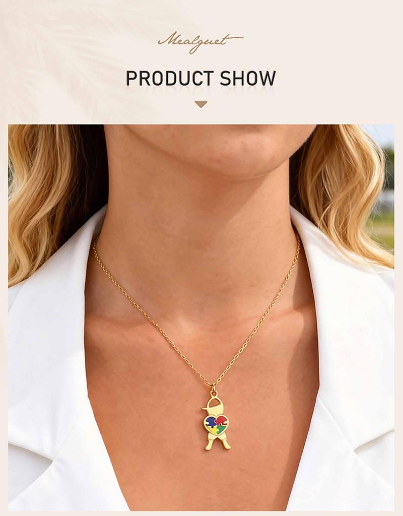 Stainless Steel Heart Puzzle Necklace for Autism Awareness, Gift for Autism Mom Teacher, Teens Girls Boys Jewelry