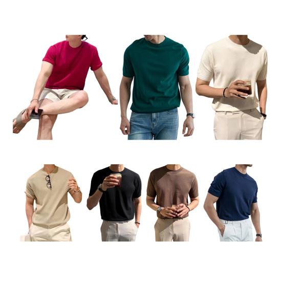 Summer Men T-Shirt Crew Neck Solid Color Short Sleeves Knitted Shirt Breathable Slim Fit Lightweight Basic Tee Casual Business Top