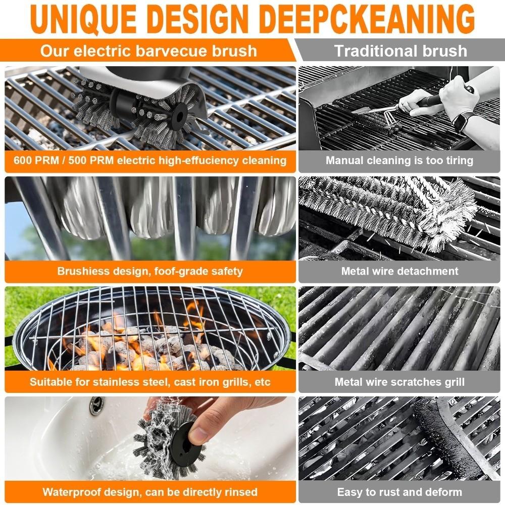 2-Speed Settings Electric Grill Brush Removable Head Grill Cleaning Tool  Charcoal Grill