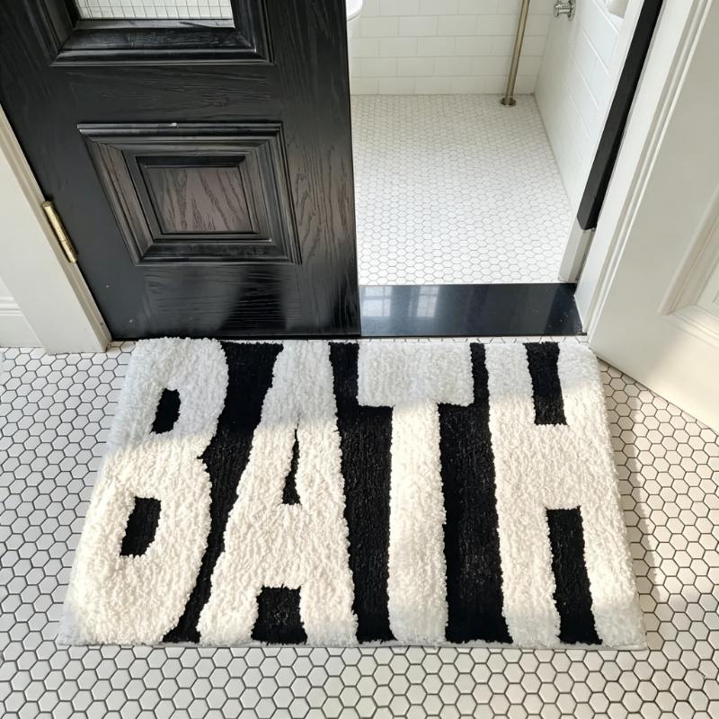 

BATH Design Non-Slip Bath Mat, Ultra Absorbent Polyester Bathroom Rug, Black and White Textured Entryway Carpet for Bathroom 400MMx600MM білий