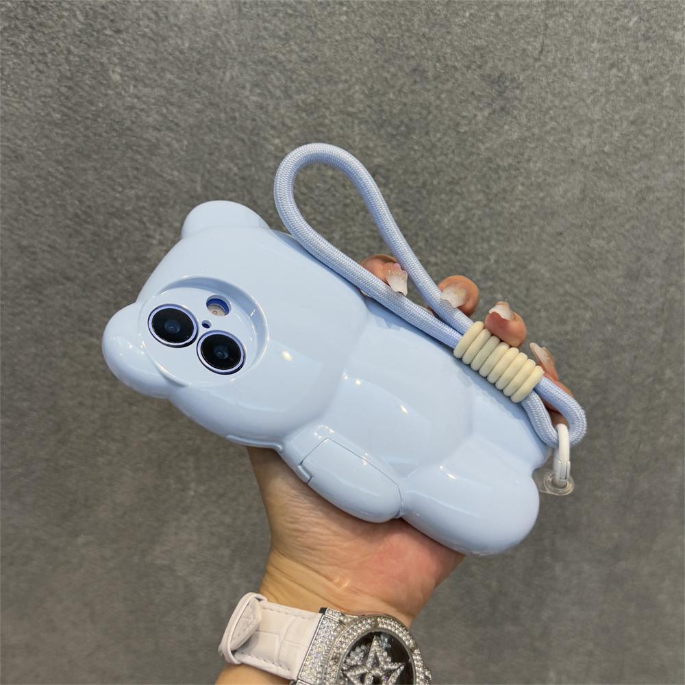 3D Cartoon Bear Wrist Chain Lanyard Phone Case for iPhone 16 15 14 13 12 11 Pro Max Plus Lovely Sweet Silicone Shockproof Cover