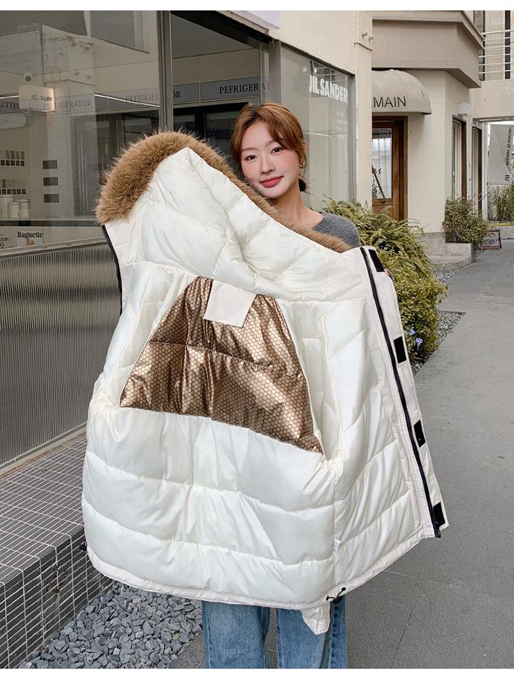 Damekåpe for høst og vinter Ensfarget Hette Pelskrage Kort Løs Fortykket Vindtett Fasjonabel Damejakke