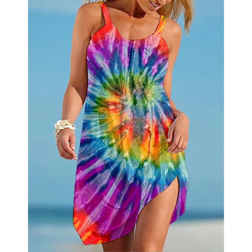 Sommer Damen Sexy Sommerkleid 3D Buntes Batikmuster Druck Cooles Strandtop am Meer Y2K Harajuku Übergröße Damenbekleidung