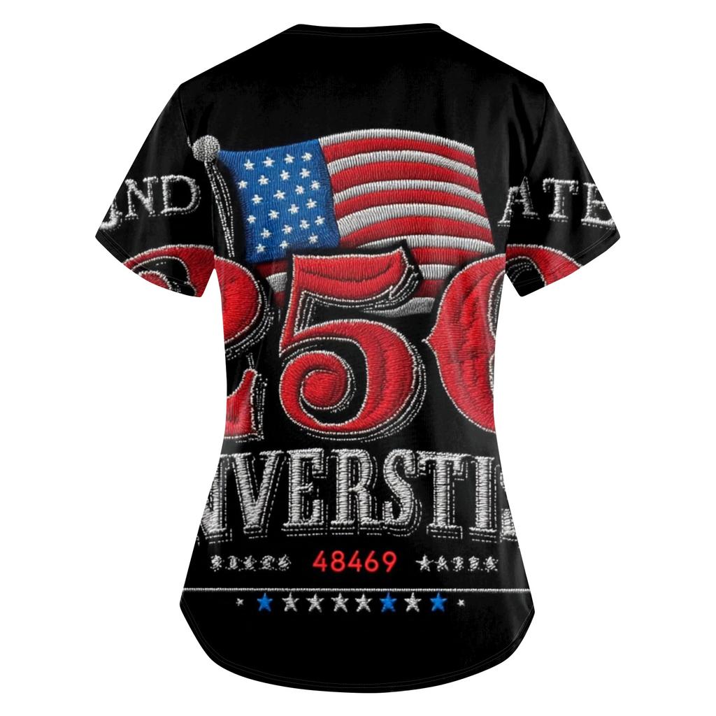 Women's Independence Day Printed Loose V-Neck Pocket Short-Sleeve Caregiver/Uniform