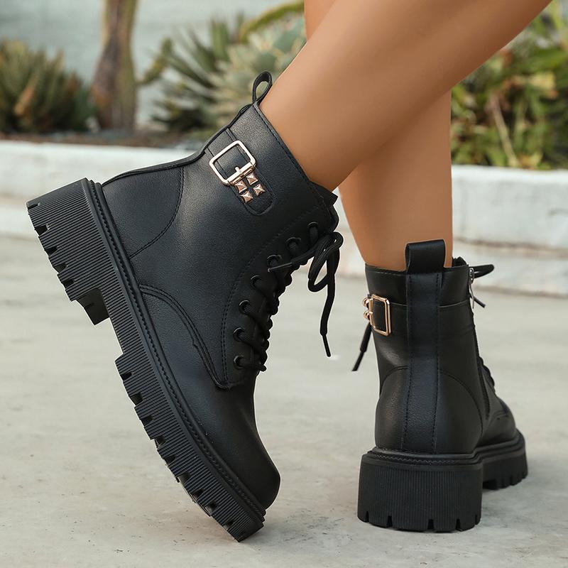 Fashion Black PU Leather Ankle Boots for Women 2025 Autumn Winter Warm Short Plush Booties Woman Fashion Buckle Platform Combat Boots
