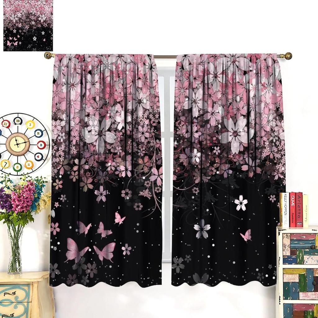Watercolor Pink Art Butterflies Curtains for Living Room   Abstract Aesthetic Spring Nature Cherry Blossoms Rod Pocket Thermal In