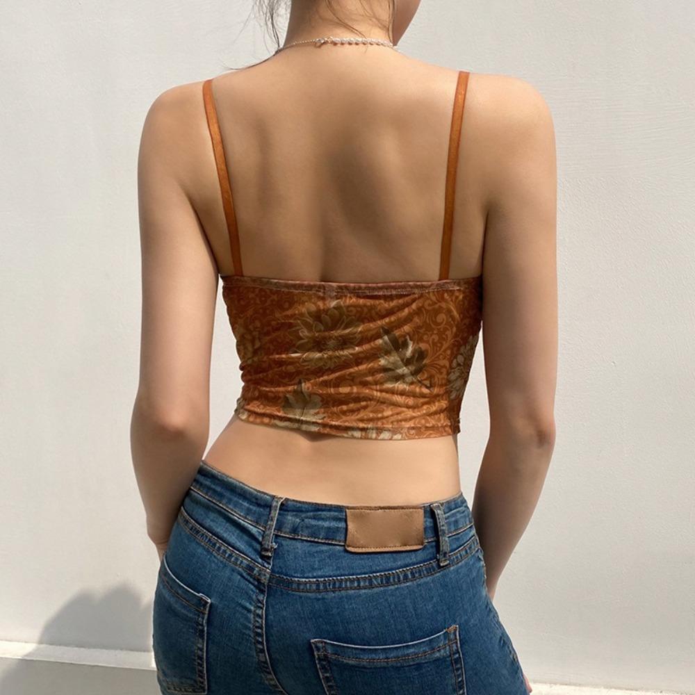 Slim Fit Lace Camisole Brown Lace Splicing Tank Top Streetwear Lace Corset Travel