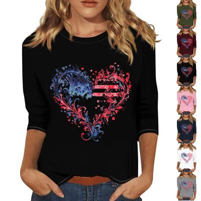 Women's Fashionable Casual Three Quarter Sleeve Printed Collar Pullover Top