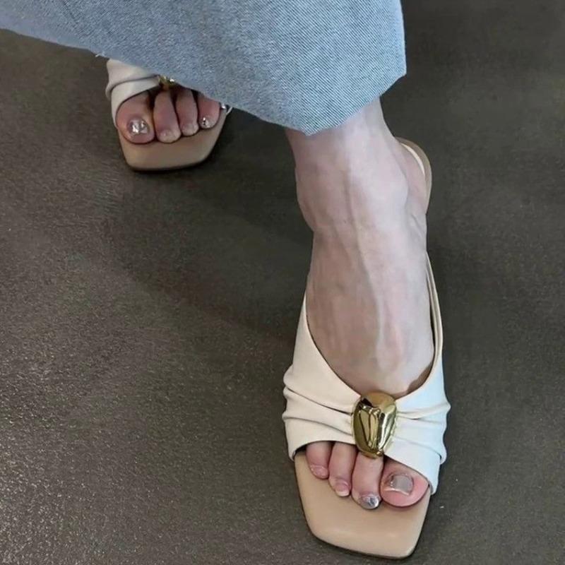 New French Retro Temperament High Heels Women's Pleated Metal Buckle Non-Slip Slip Slippers