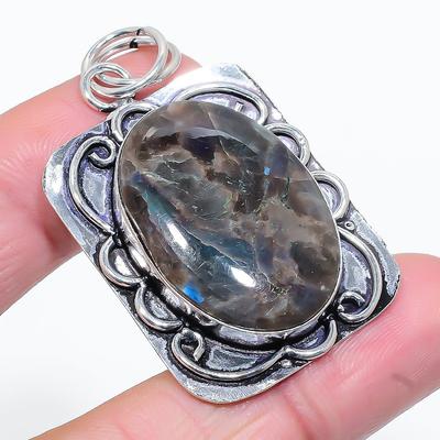 Natural Larvikite Stone Gemstone 925 Sterling Silver Gift Pendant 2.09" K2T56