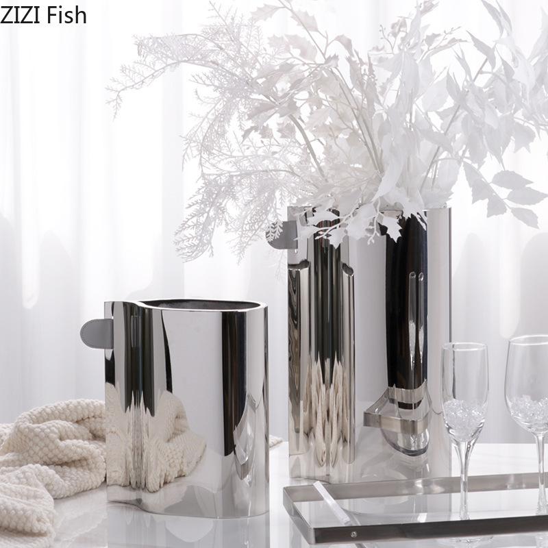 Creative Silver Metal Vase Leather Decorative Flower Pot Desk Decoration Flower Arrangement  Floral Vases Room Aesthetic Decor
