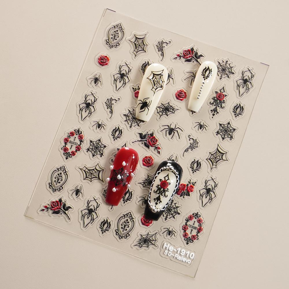 Dark Night Rose Spider Nail Stickers - Vintage Red Rose Spiderweb Halloween Self-Adhesive Nail Decorations