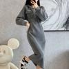 Grey hooded long sweater skirt waist temperament thickened velvet casual dress women's new winter