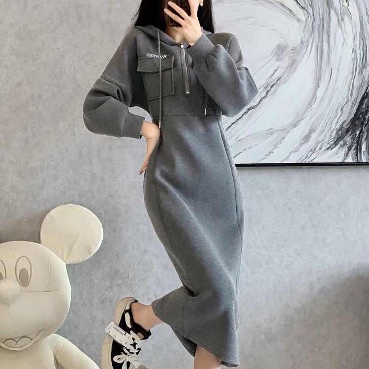 Grey hooded long sweater skirt waist temperament thickened velvet casual dress women's new winter