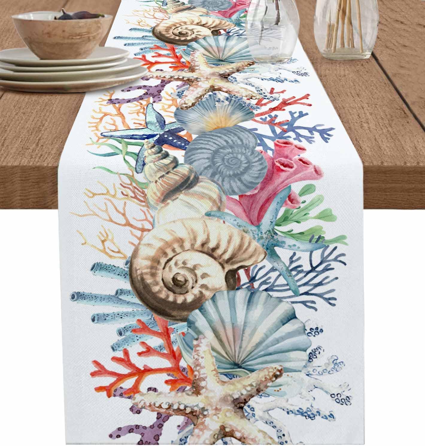 Chemin de table en lin Corail Coquillage Étoile de mer Décoration de fête de fin d'année Vie marine d'été Chemin de table pour table de cuisine/salle à manger Décoration de maison 150x33cm
