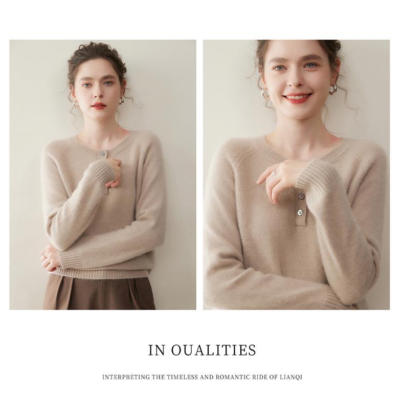Autumn/Winter Women's Cashmere Knit Slimming Round Neck Button Sweater