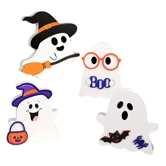 Cute Wooden Ghost Signs Halloween Indoor Tiered Tray Decor Ghost Theme Tabletop Centerpiece for Party Home Kitchen Shelf Decor