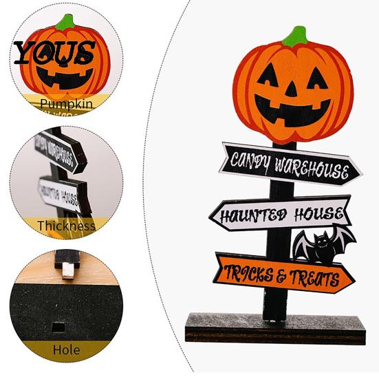 Halloween Atmosphere Props Wooden Sign Decoration, DIY Ghost Pumpkin Bat Tabletop Ornament with Table Decorations Spooky Slogans, Rustic for