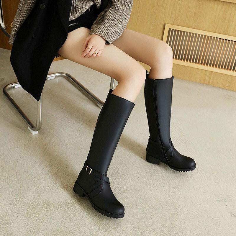 Womens Knee-High Boots With Side Zipper Chunky Heel PU Leather Black Brown Buckle Detail