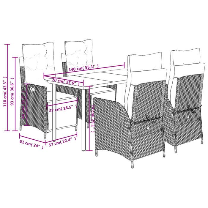 VidaXL Garden Dining Set with Cushions 5 Pcs, Table and Chairs with Adjustable Backrest and Footrest, Furniture 3213429
