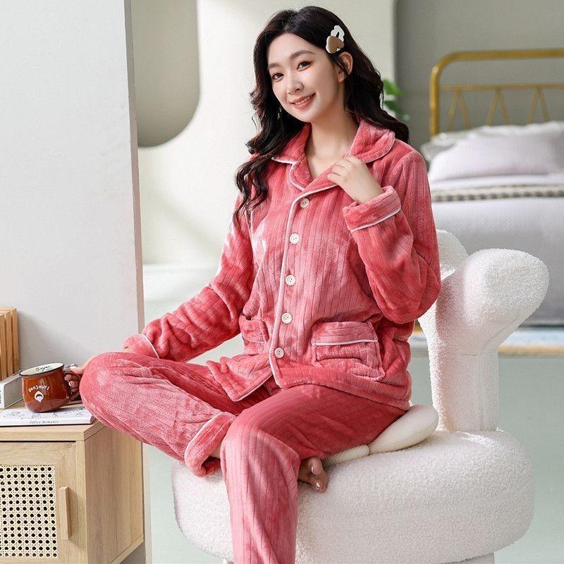 Pajamas women s winter three-layer thickened models fleece coral fleece warm padded cotton autumn and winter women s loungewear 3XL (150-90kg)