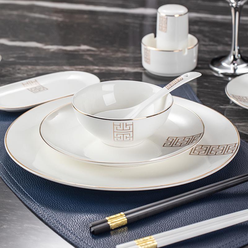 Luxury Wear-Resistant Gold Rim Bone China Dinnerware Set for Hotels and Restaurants - Includes Bowls, Plates, Spoons, Cups, and Chopsticks