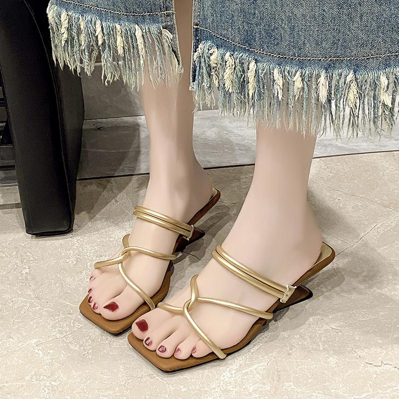 Fashion Summer New Mid-heel Slippers Women's Square Head Open Toe Thin Strap Set Foot Anti-slip Wear-resistant Slope Heel Shoes
