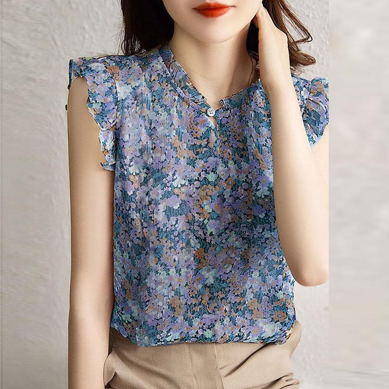 

ZANZEA Женские повседневные блузки с цветочным принтом, воротником-стойкой, пуговицами, рукавами-крылышками 5XL синий