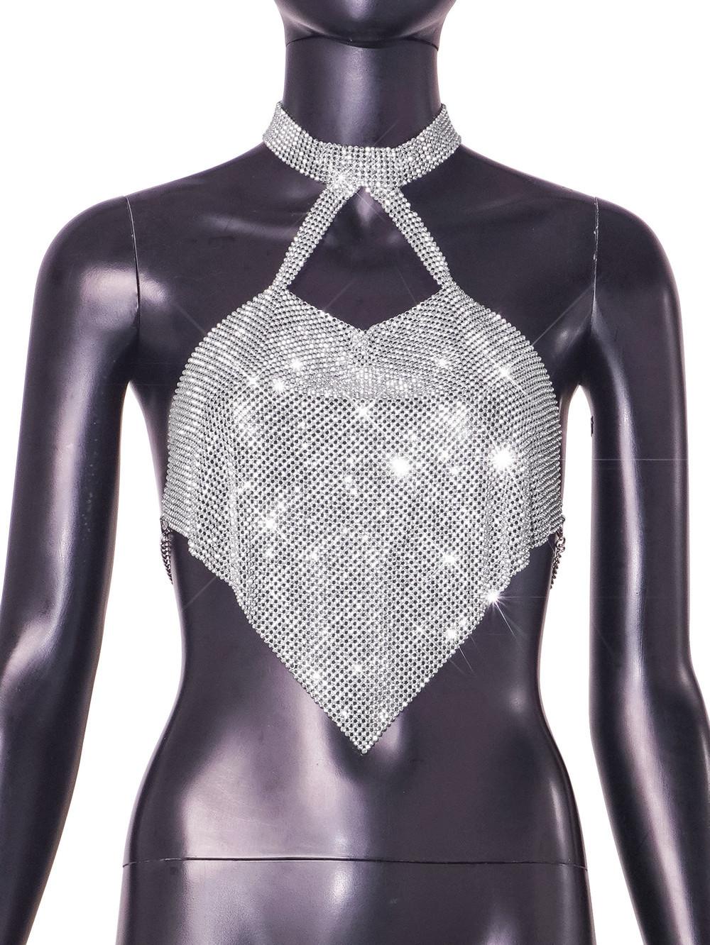 

Сексуальный металлический кольчужный топ с цепочкой на шее и бретельками через шею наряд Spice girl L