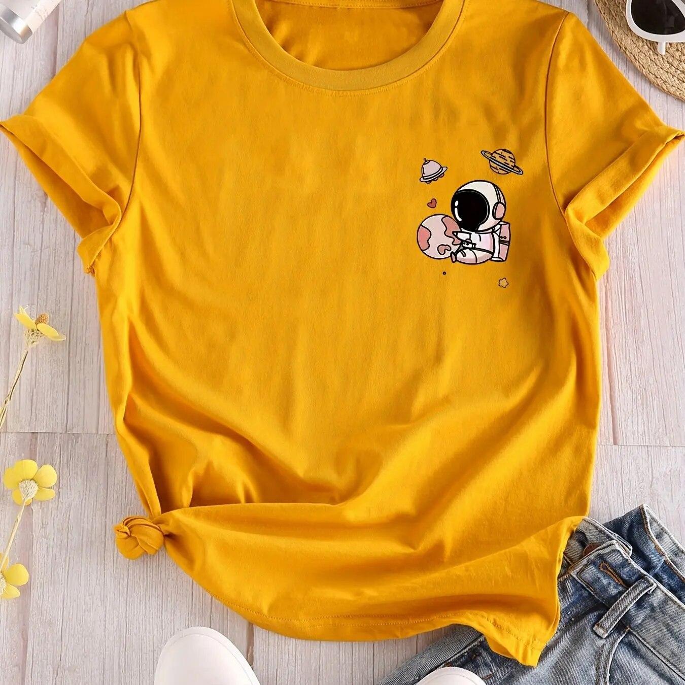 

Футболка с милым принтом астронавта, симпатичная мультяшная рубашка с коротким рукавом и круглым вырезом, повседневные топы на каждый день, одежда унисекс унисекс 4XL