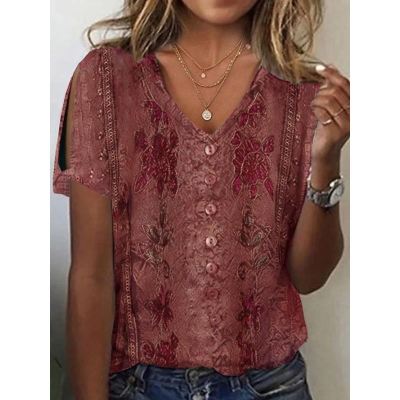 

Футболка с короткими рукавами и принтом, женская повседневная футболка с V-образным вырезом, простая тонкая летняя рубашка для поездок на работу в стиле ретро в стиле Харадзюку 4XL вино красного
