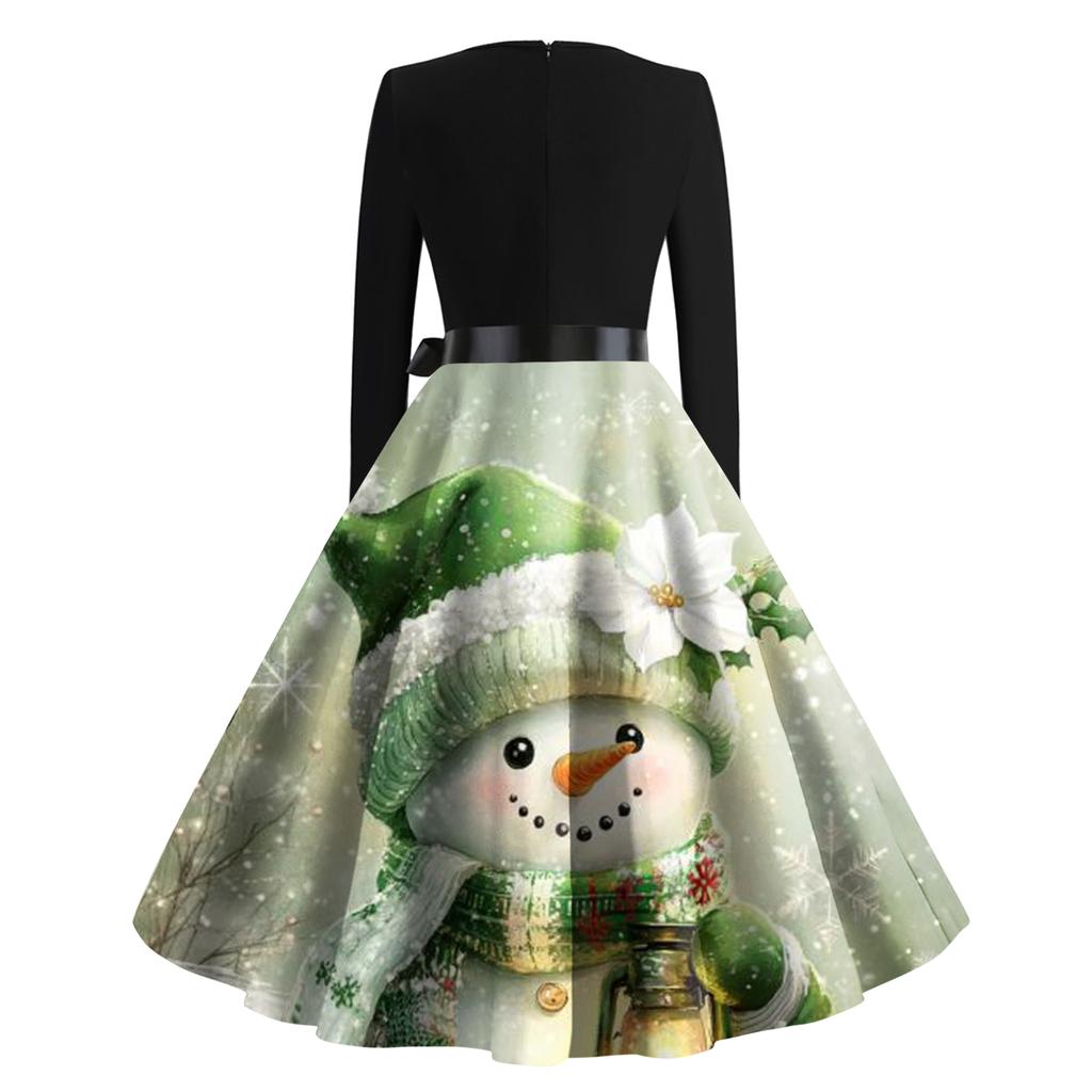 Women's Fashion Retro Long-sleeved Square Collar Christmas Printed Evening Dress