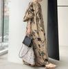 Women Summer Loose Cotton Linen Dress Casual Floral Print Short-sleeved Vintage Dress V-Neck Maxi Long Dresses