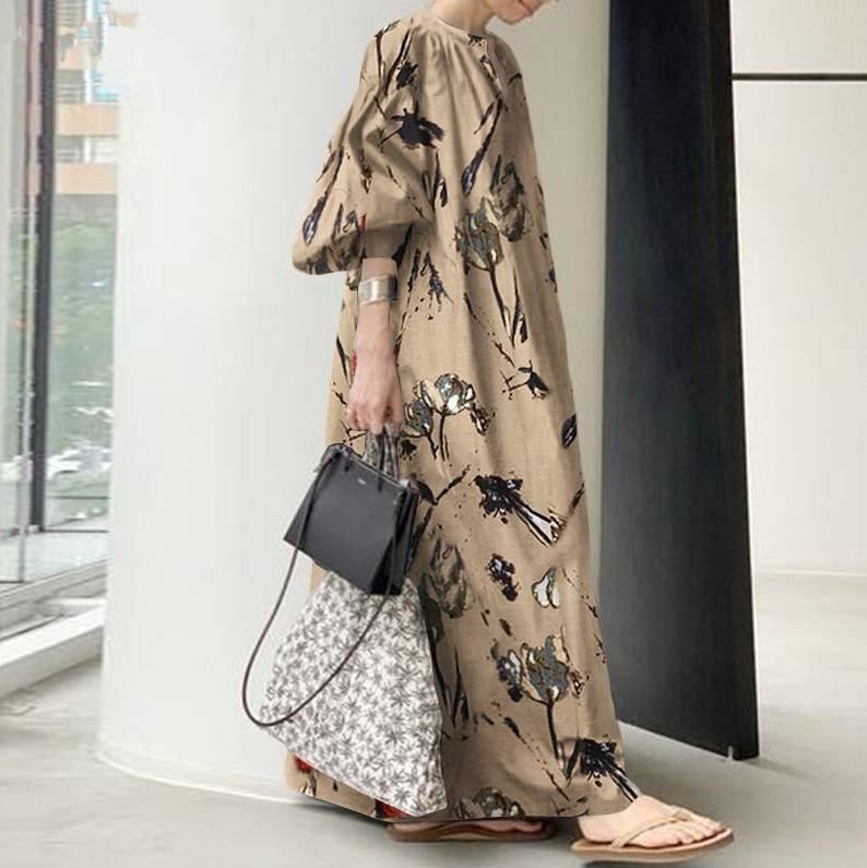 Women Summer Loose Cotton Linen Dress Casual Floral Print Short-sleeved Vintage Dress V-Neck Maxi Long Dresses