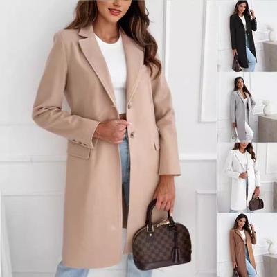 2024 Women's Mid-Length Wool Coat - Autumn/Winter Collection, Simple Solid Color with Buttons