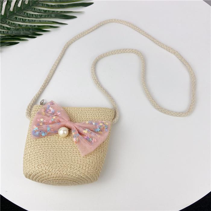 Summer Children's Straw Bag Bow Hat Set Sun Hat Basin Hat Messenger Bag Girls Shoulder Bag Change Bag