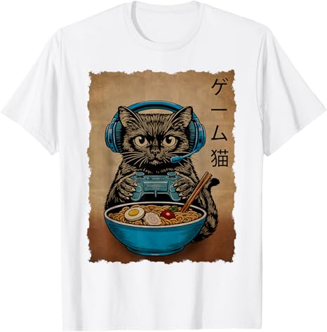 Gamer Cat Funny Teen Boys Gifts Japanese RaUnisex Cat Gaming TShirt Y2k Anime Kitten Eating Noodles Maga Graphic Clothes Comic Tee S