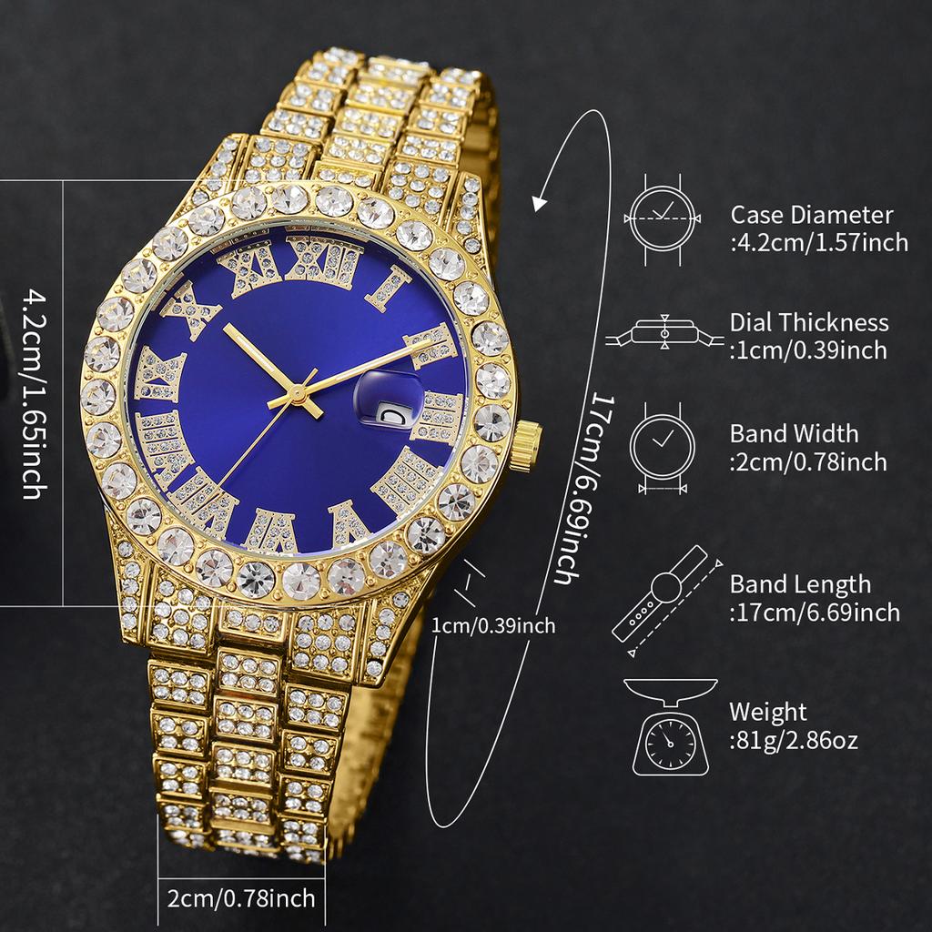 Fashion Full Diamond Men's Watch Stainless Steel Band Male Quartz Wristwatches Date Calendar Watches