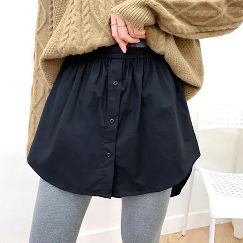 Korean Style Midi Skirt with White Trim Fake Shirt Hem, Twill Base