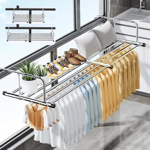 Folding Clothes Dryer, Balcony Drying Rack, Wall-Mounted, Extendable (78-140cm), Space-Saving Design for Gap Storage, Fits Futons, Pillows, Shoes, Tow