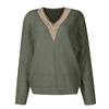 Women's Fashion Casual Hollow Lace V Neck Pullover Solid Color Loose Lightweight Long Sleeve Top Knitted Sweater