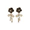 Elegant Black Camellia Flower Bow Pendant Stud Earrings For Women Jewelry Accessories Gifts