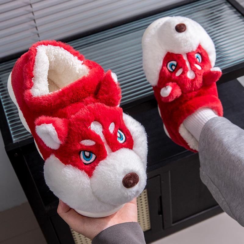 Men's Winter Cartoon Husky Cotton Slippers - Indoor Warm Plush Furry Heel for Couples