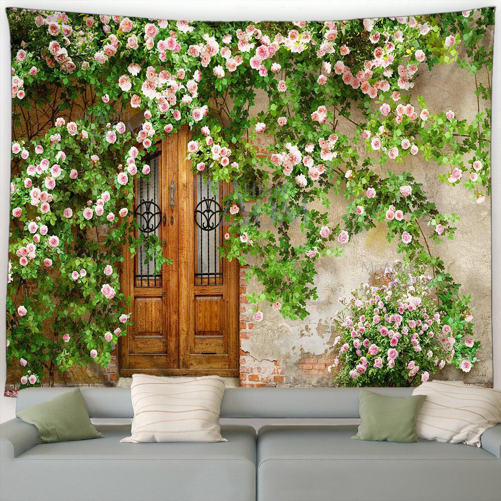 Street Flower Scenery Tapestry Vintage Blue Wooden Door Floral Plants Nature Landscape Home Garden Decor Wall Hanging Picnic Mat