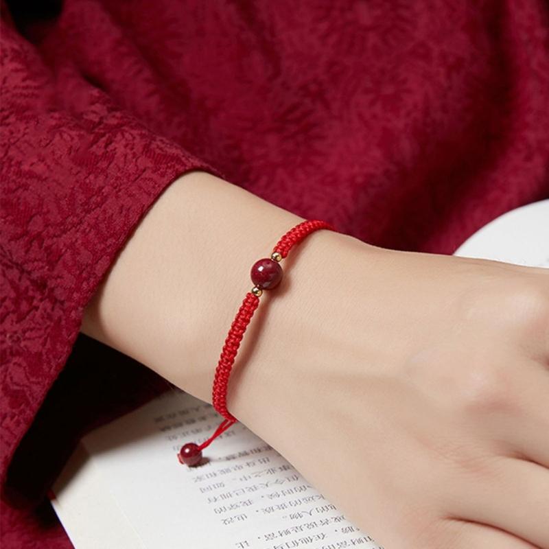 Chinese Red Woven Bracelet Handmade Round Bead Wrist Bangle Adjustable Red Rope Hand Link Chain for Luck and Fortune