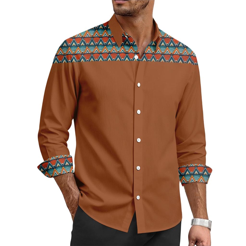 Herren Freizeit Hemd mit stilvollem Retro-Textur-Druck - Herren Langarm Oberteil mit Kragen und Knöpfen