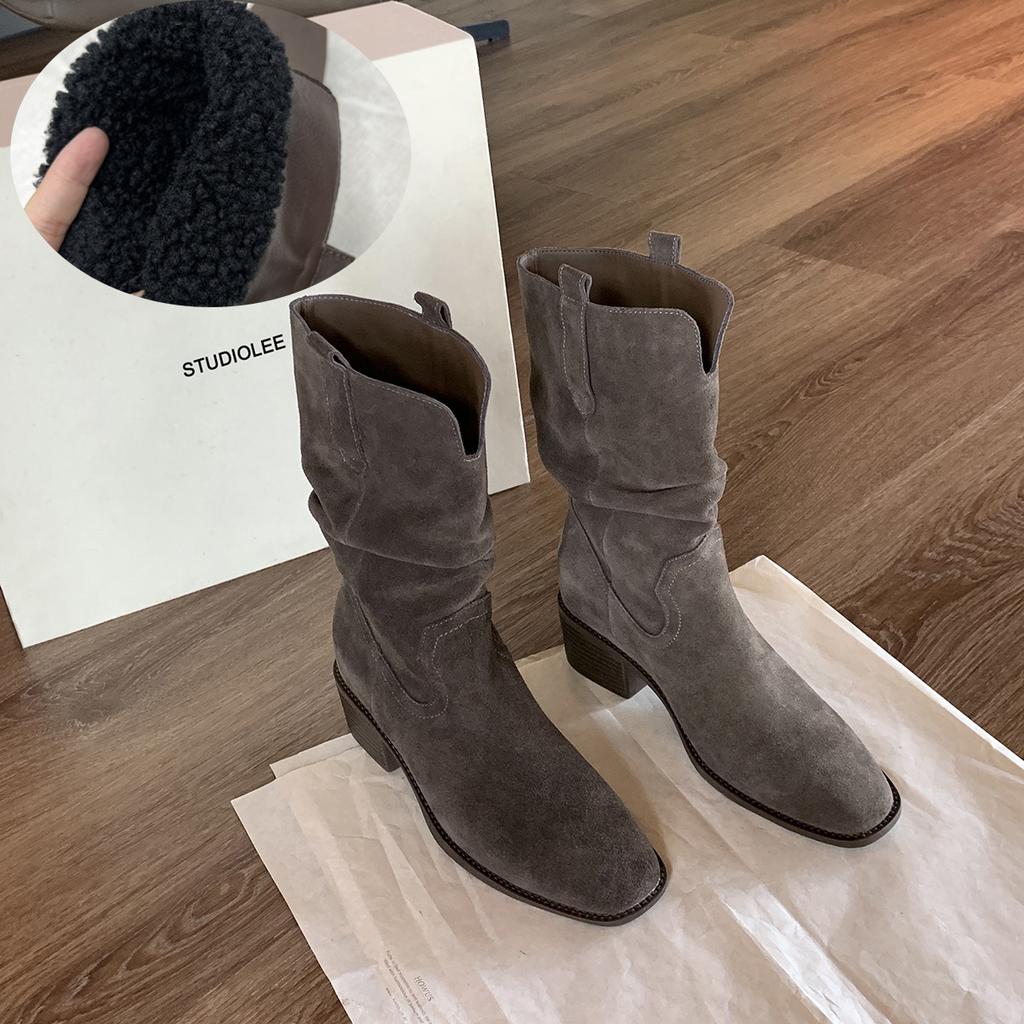 New spot grape mother medium tube knight boots 2025 new V-mouth thick heel increased height and thin large tube circumference stacked