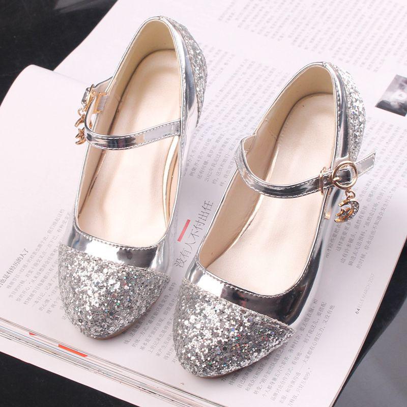 Frozen Silver Korean High Heel Princess Shoes for Girls - Leather Elsa Dance Shoes